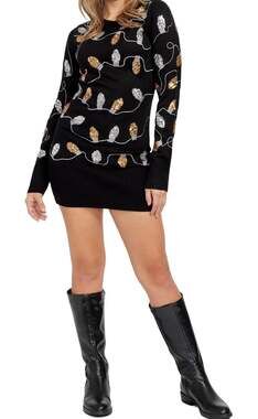 Tipsy Elves Christmas Lights Sequin Sweater Dress Large Black Gold Silver NWT